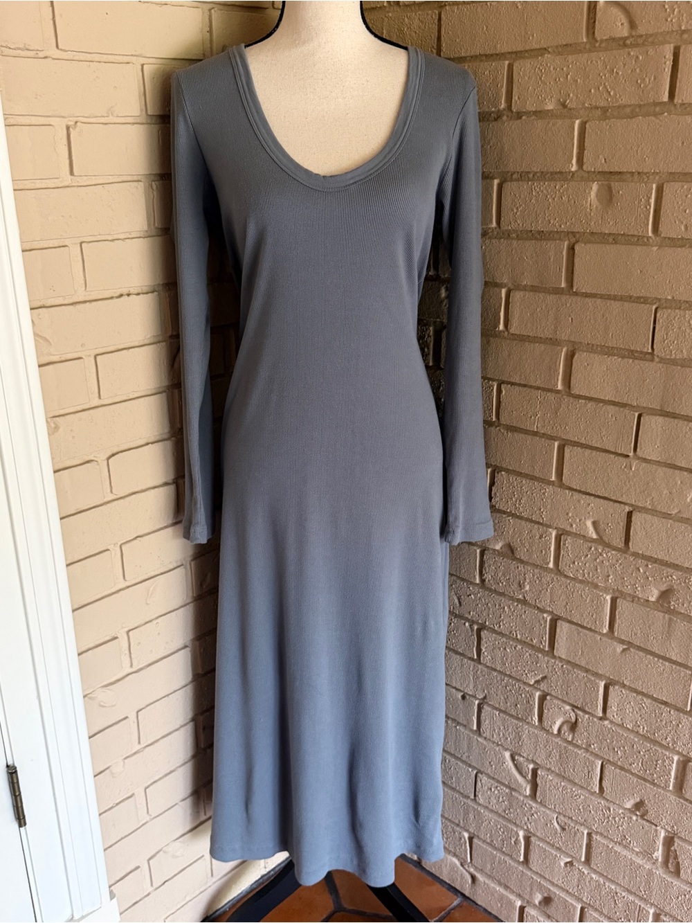 James Perse Ribbed Scoop Neck Maxi Dress Sz 4 XL Blue Cotton Long Sleeve Capsule